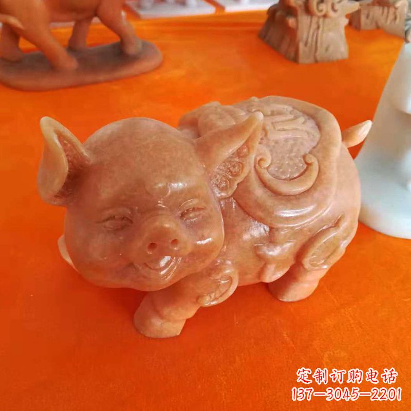 晚霞红大理石招财猪雕塑-企业商场创意生肖动物风水摆件