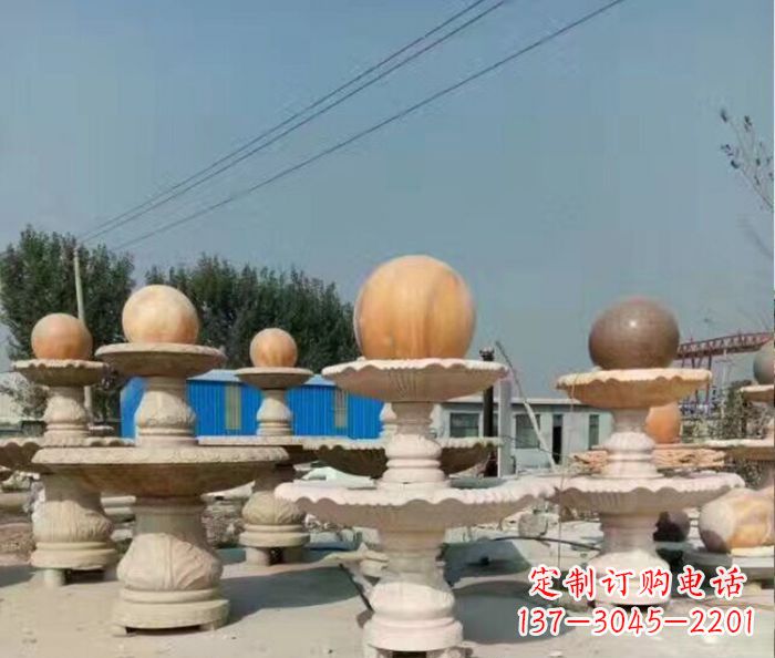 晚霞红多层风水球喷泉石雕