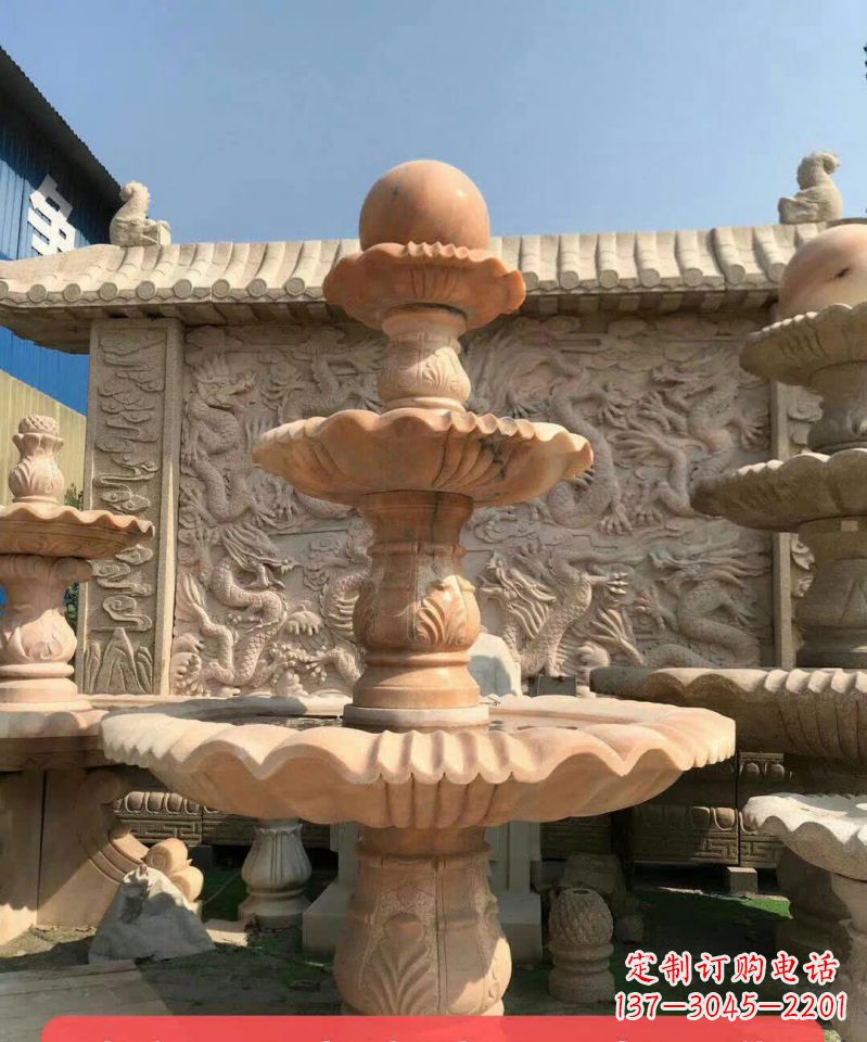 晚霞红风水球石雕喷泉