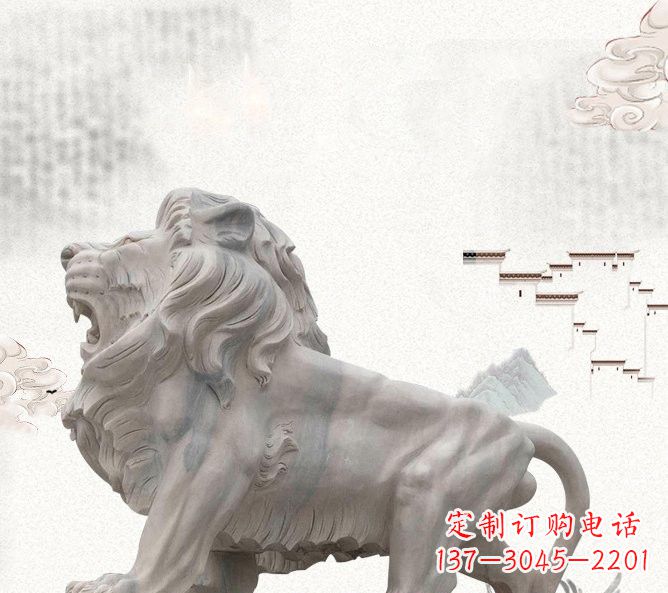 晚霞红公园动物仿真狮子石雕
