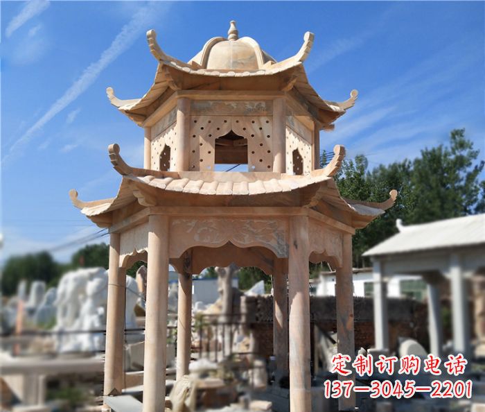 晚霞红公园双层六角凉亭石雕