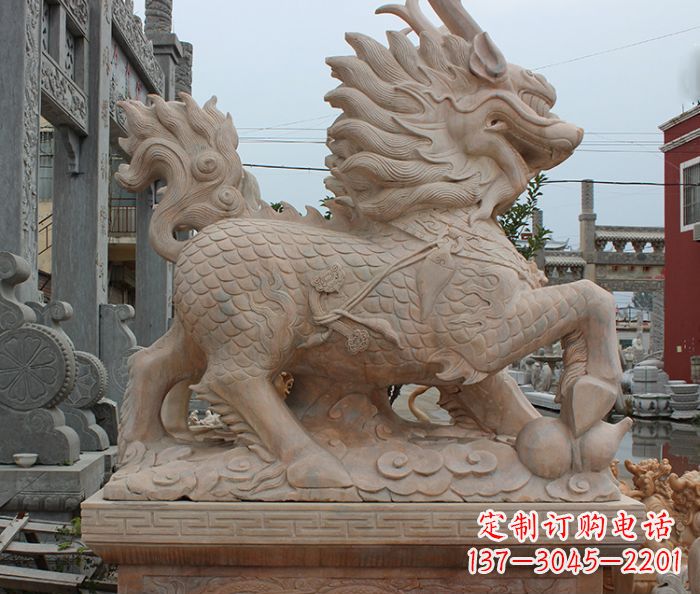 晚霞红古代神兽麒麟石雕