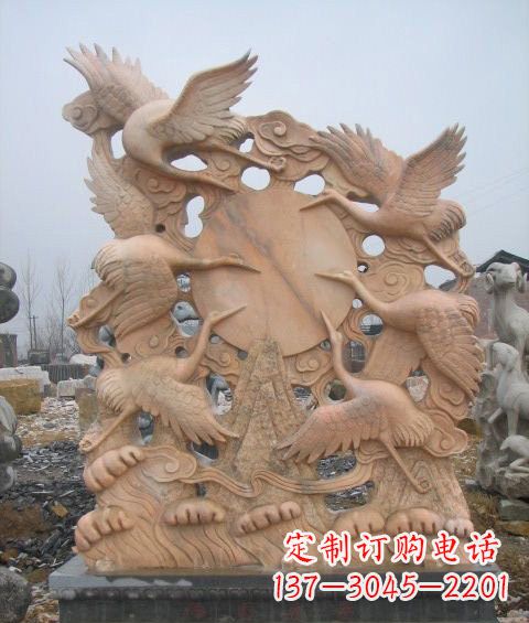 晚霞红鹤立潮头石雕