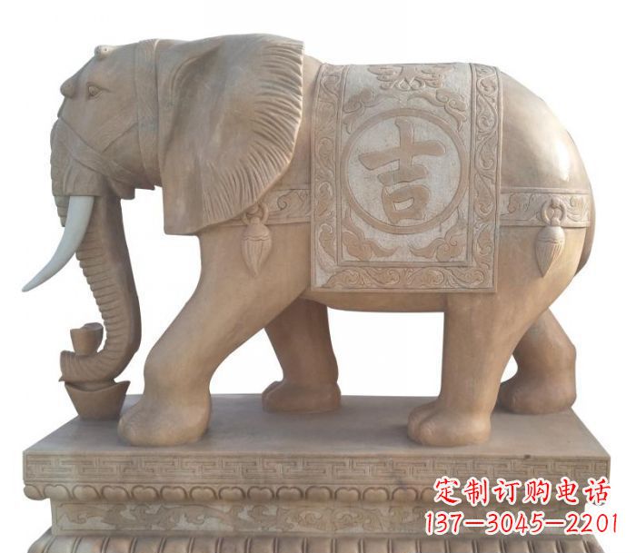 晚霞红吉祥如意大象石雕 (4)