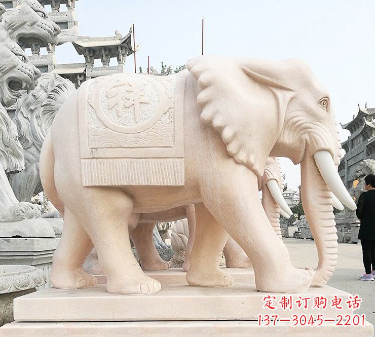 晚霞红吉祥如意大象石雕