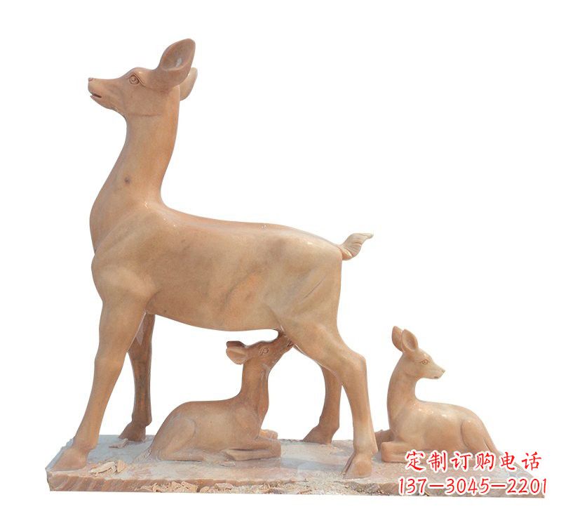 晚霞红母子鹿石雕