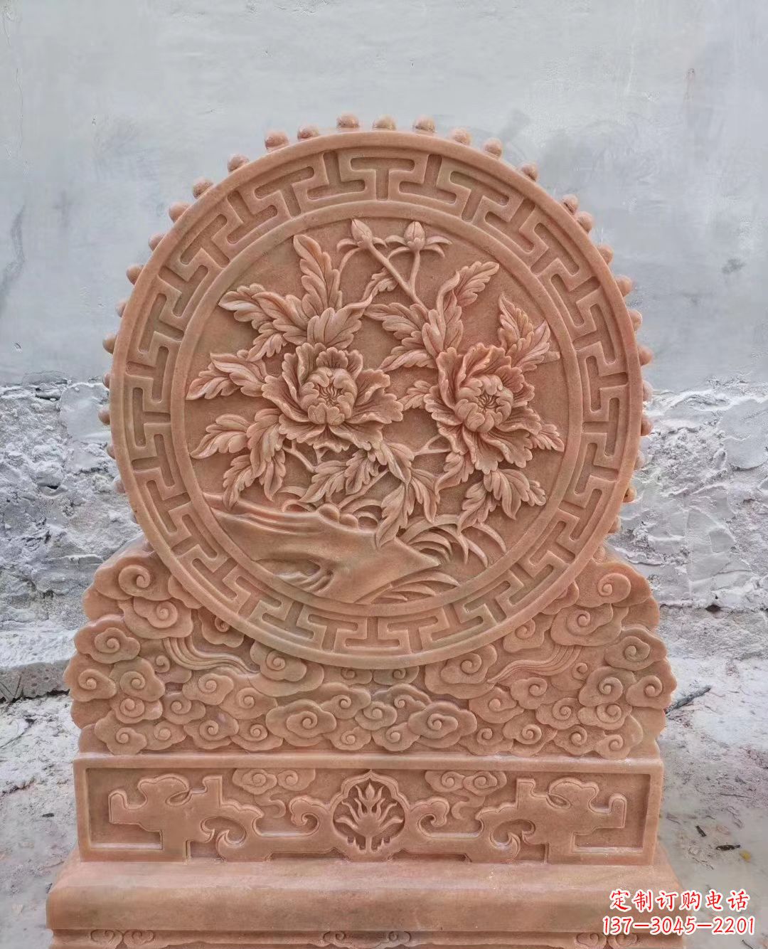 晚霞红牡丹花浮雕石门墩