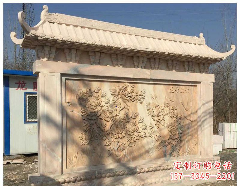 晚霞红牡丹花浮雕影壁