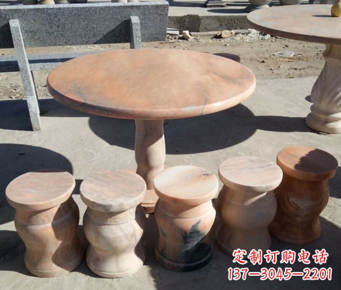 晚霞红欧式圆桌凳公园石雕 (2)