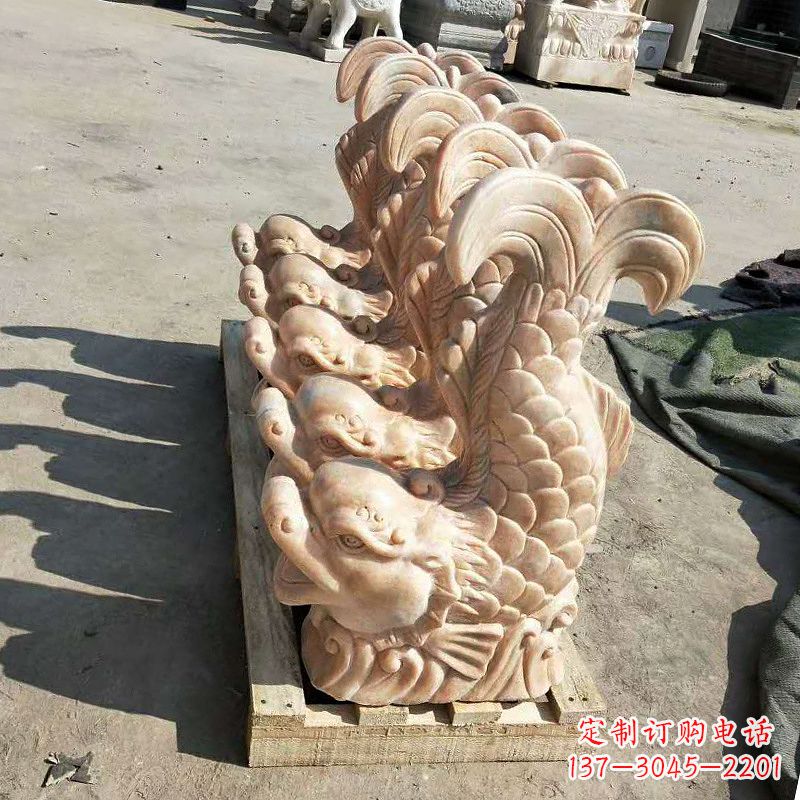 晚霞红喷水鱼石雕-园林水景喷泉动物雕塑摆件