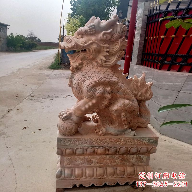 晚霞红麒麟石雕