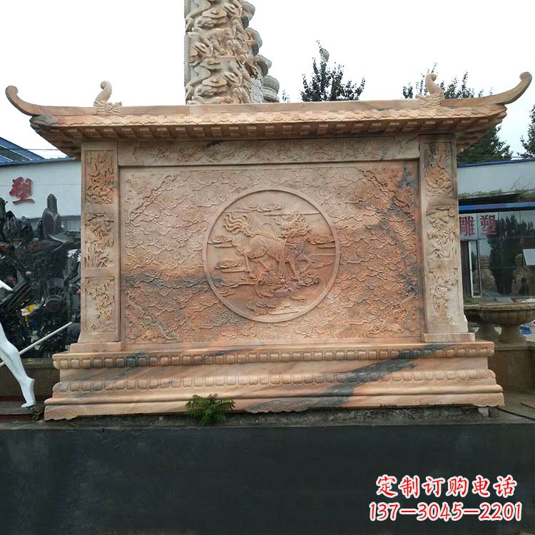 晚霞红麒麟影壁墙石雕