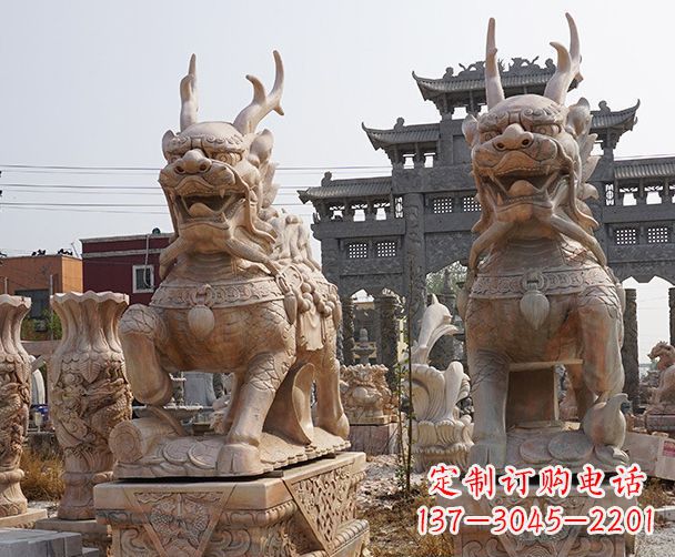 晚霞红瑞兽麒麟石雕 (2)