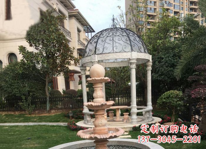 晚霞红三层风水球喷泉小区石雕