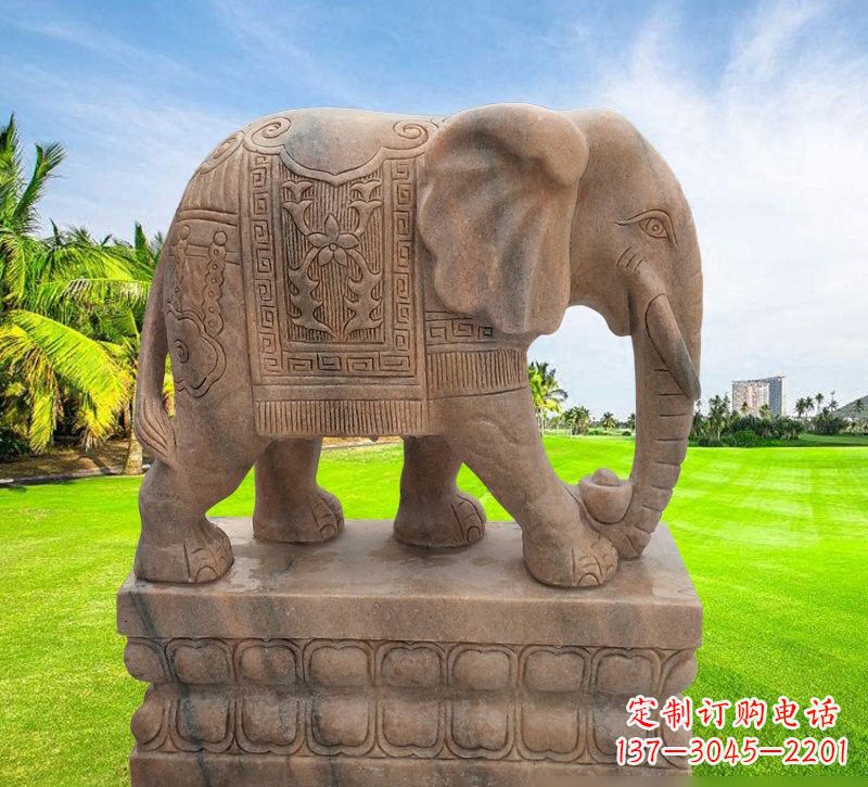 晚霞红石雕大象 (2)
