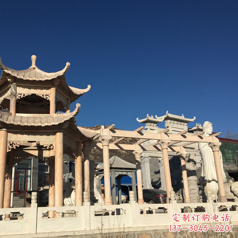 晚霞红石雕凉亭花架