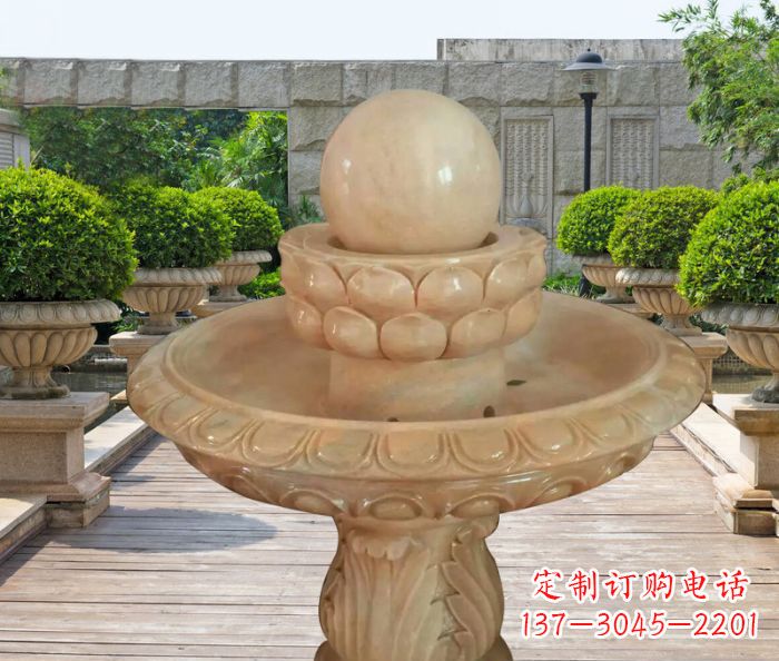 晚霞红双层风水球公园喷泉石雕 (2)