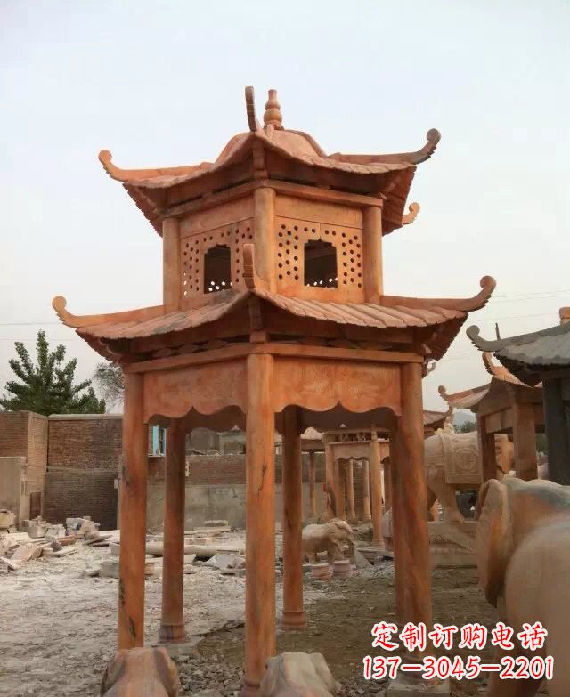 晚霞红双层凉亭石雕