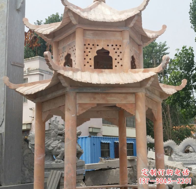 晚霞红双层六角凉亭石雕 (2)