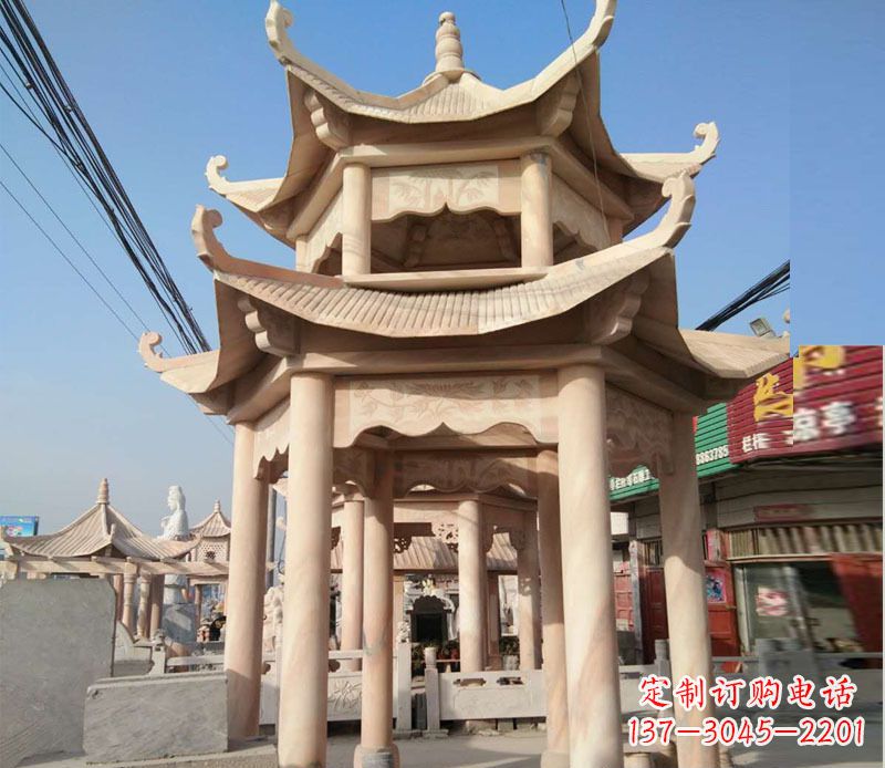 晚霞红双层六角凉亭石雕 (3)