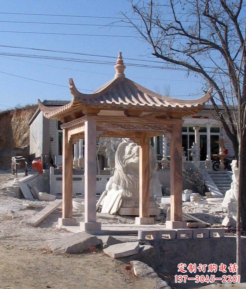 晚霞红四角凉亭景观石雕