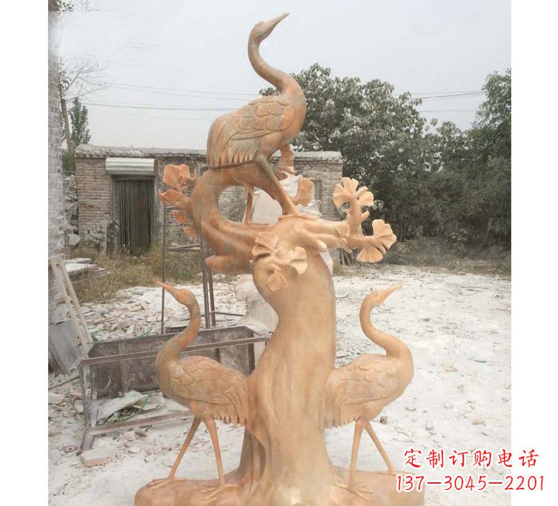 晚霞红松鹤延年石雕