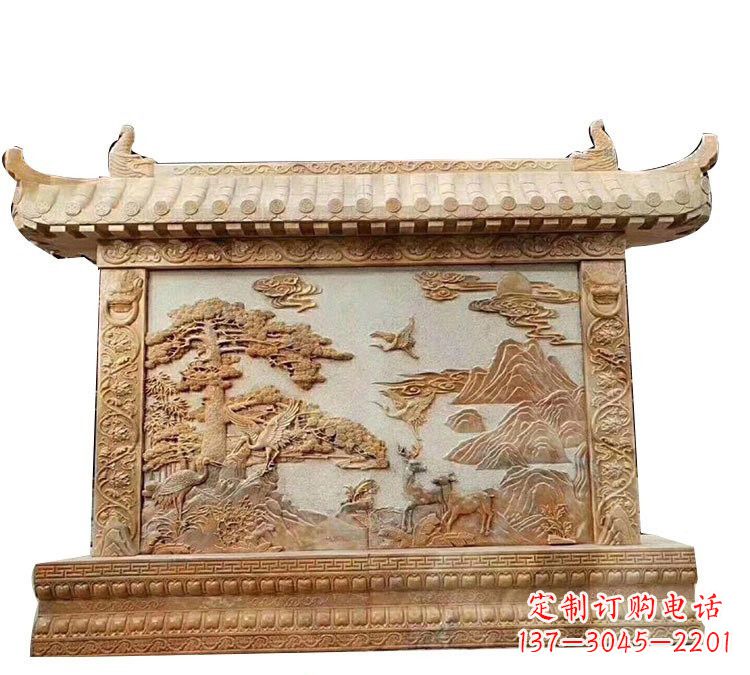 晚霞红松鹤延年浮雕影壁