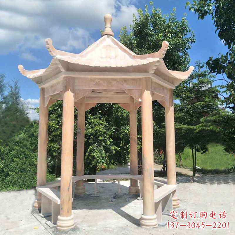 晚霞红庭院石凉亭