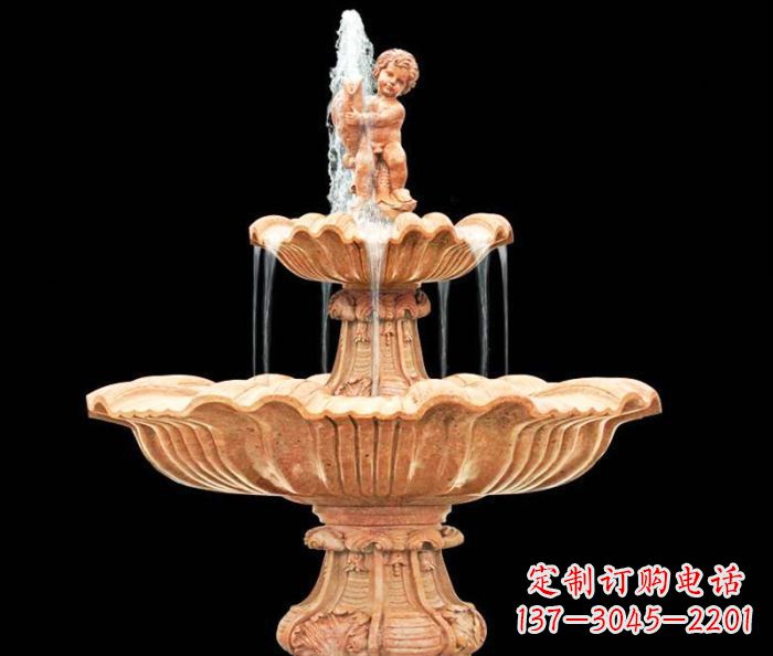 晚霞红小孩抱鱼石雕喷泉