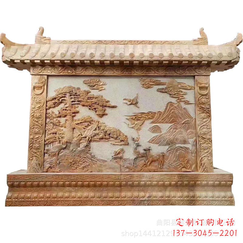晚霞红迎客松石雕影壁