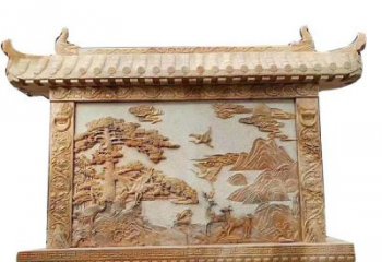 晚霞红松鹤延年浮雕影壁