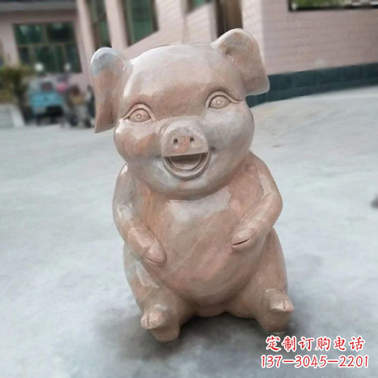 喜庆的石雕猪-晚霞红大理石生肖动物雕塑
