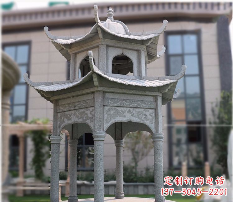 小区大理石六角石雕双层凉亭
