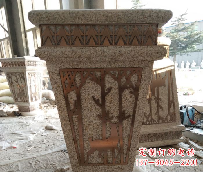 小区大理石梅花鹿石浮雕花盆 小区大理石梅花鹿石浮雕花盆