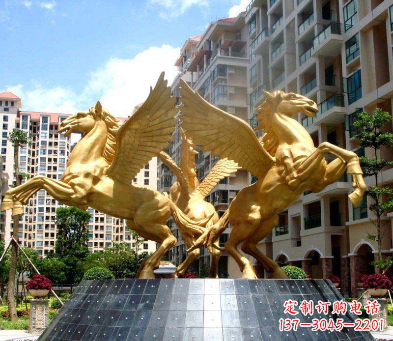 小区飞马三匹马景观铜雕