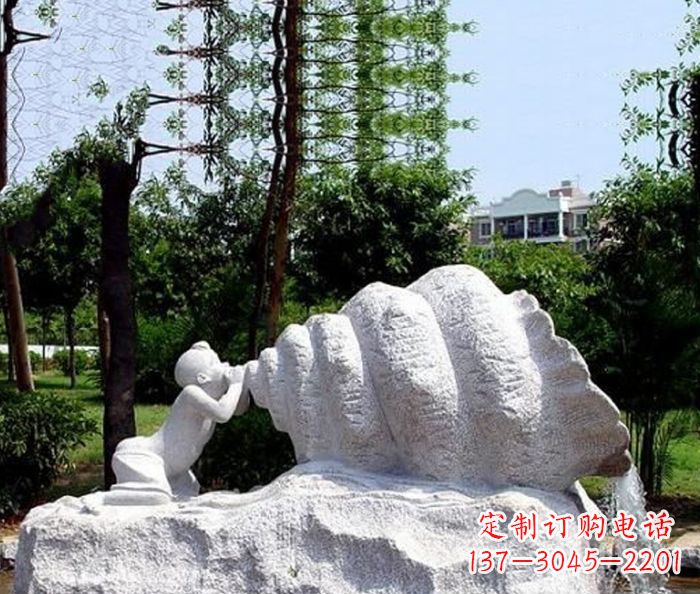 小区景观小孩吹螺号石雕