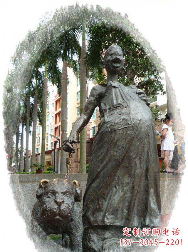 小区遛狗的孕妇人物景观铜雕