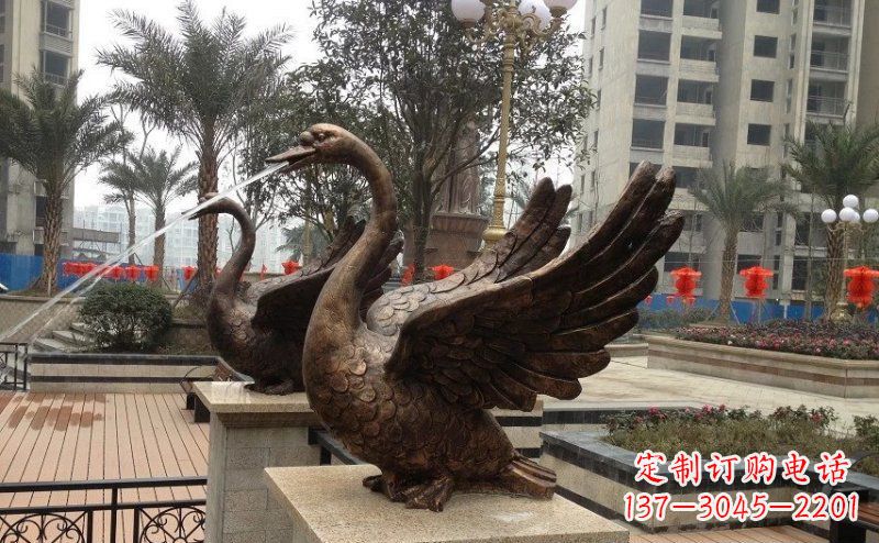 小区喷水天鹅动物铜雕