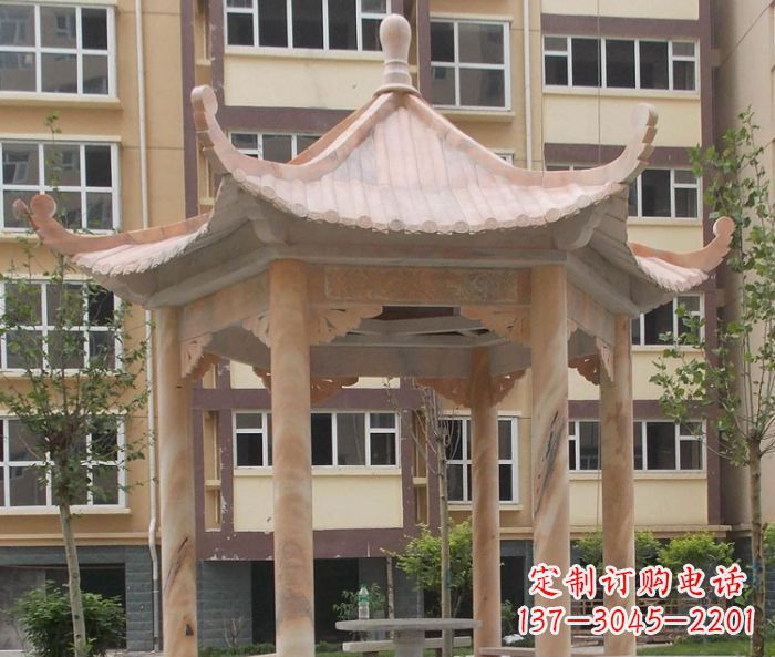 小区晚霞红六角凉亭石雕