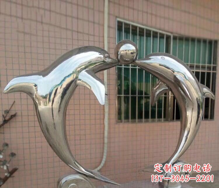 校园不锈钢海豚顶球雕塑