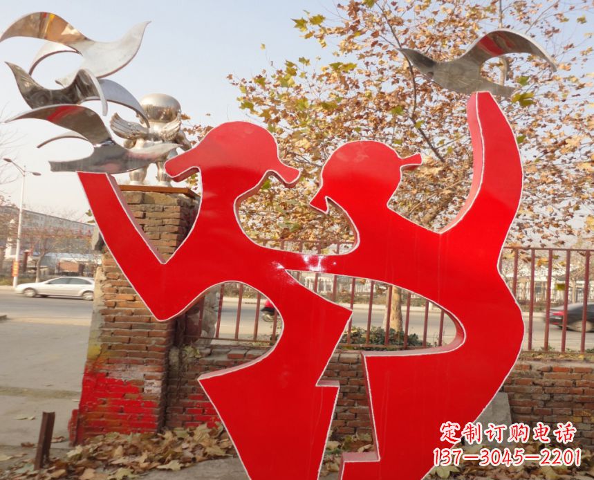 校园不锈钢剪影人物和和平鸽雕塑