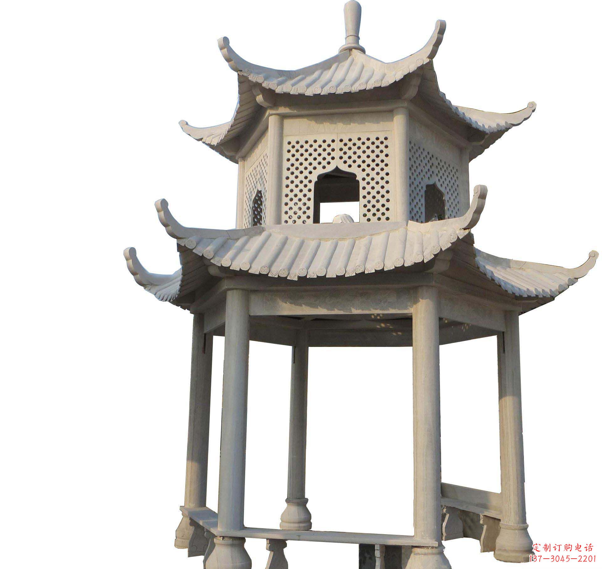 园林景观大理石六角石雕双层凉亭