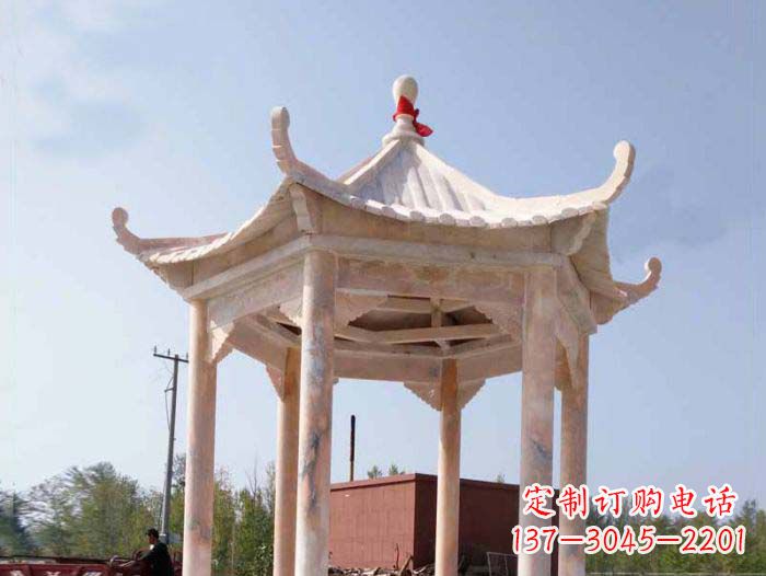 园林景观晚霞红六角石雕凉亭