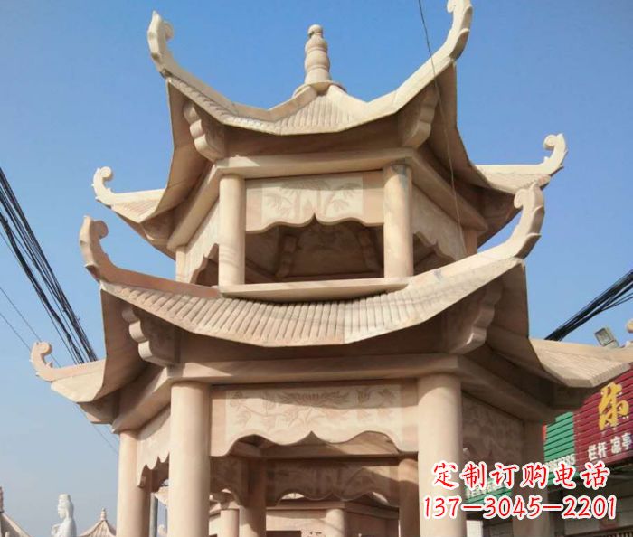 园林景观晚霞红双层石雕凉亭 (2)