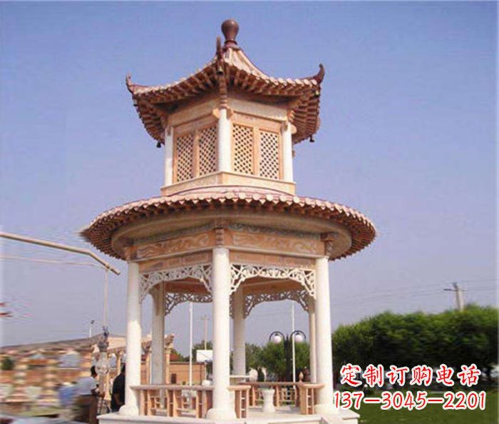 园林景观晚霞红双层石雕凉亭 (4)