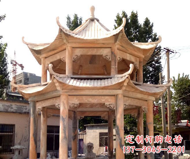 园林景观晚霞红双层石雕凉亭 园林景观晚霞红双层石雕凉亭