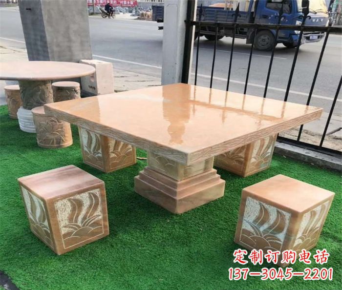 园林景观晚霞红桌凳石雕 (2)