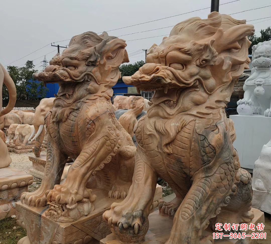 园林晚霞红古代招财神兽麒麟石雕