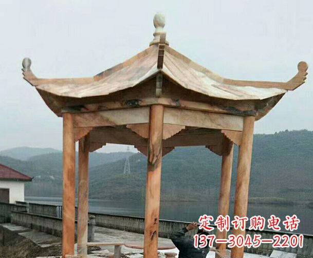 园林晚霞红单层石凉亭景观石雕