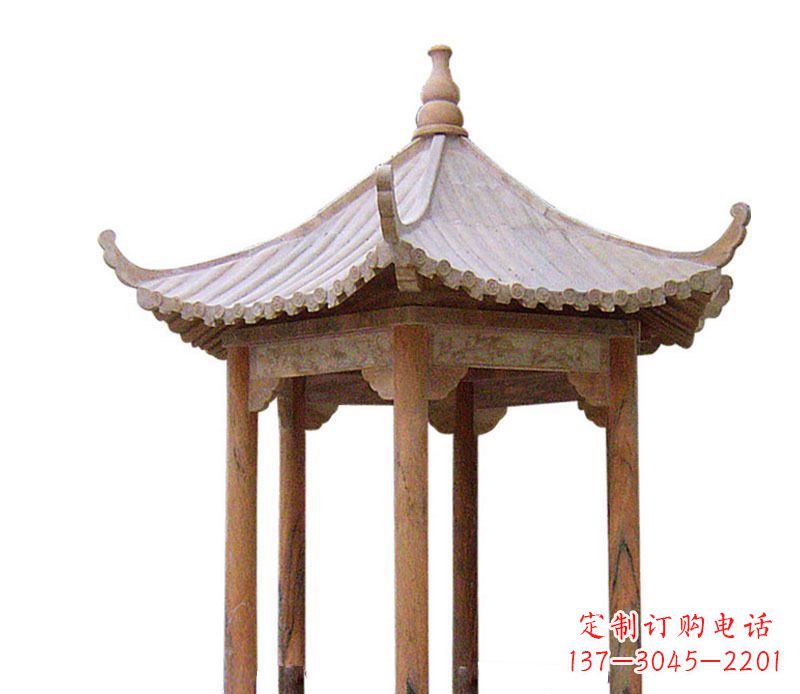 园林晚霞红六角石凉亭景观石雕 (2)